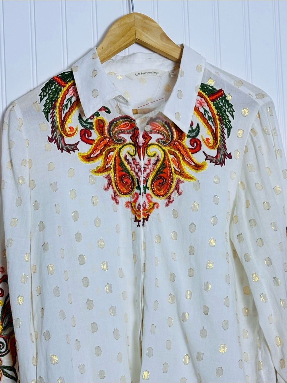 Soft Surroundings Flamenco Embroidered Button Down Blouse M NWOT Paisley Floral - Picture 4 of 11